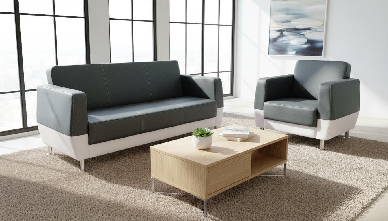 Beech Wood And Venetian Leather Living Room Set, 2 Pieces - Grey And White - Image 4