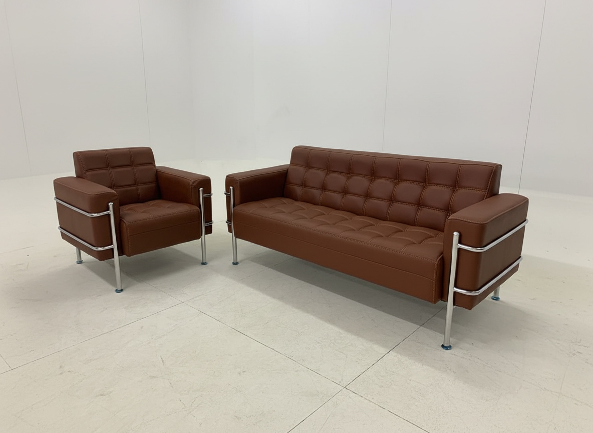 Beech Wood And Venetian Leather Living Room Set, 2 Pieces - Dark Brown