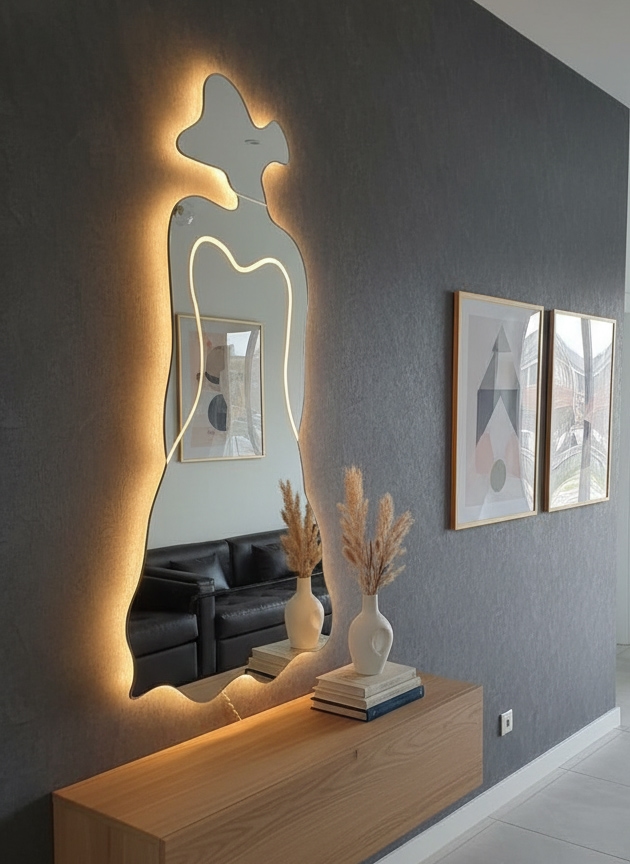 ⁦مرايا ديكور انيقه مموجه ليد خلفي جريش، 185×85×4 سم - شفاف⁩ - الصورة ⁦2⁩