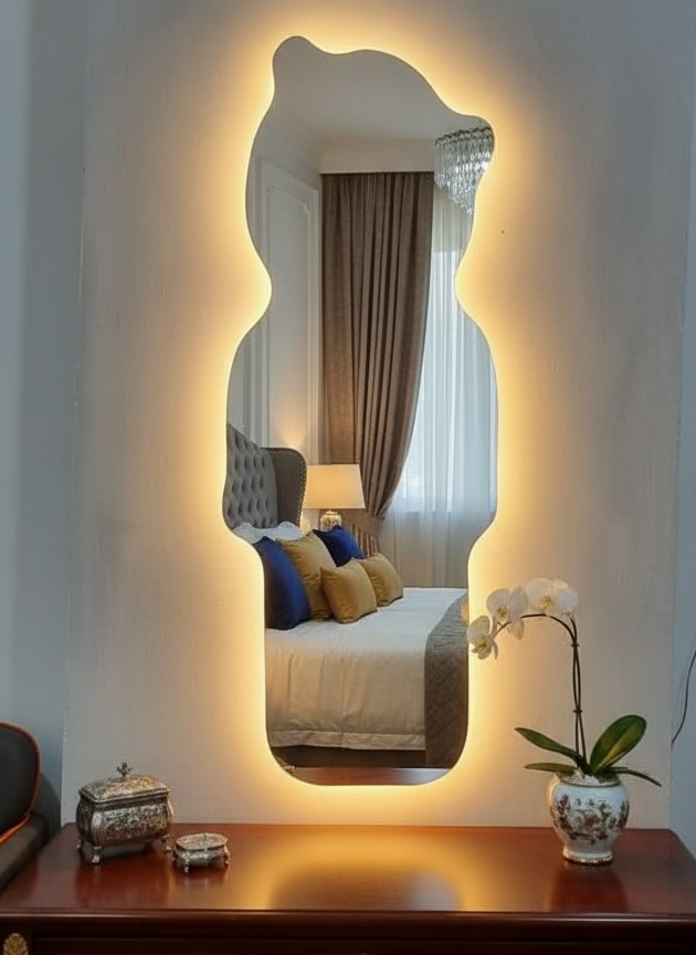 ⁦مرايا ديكور انيقه مموجه ليد خلفي جريش، 180×65×4 سم - شفاف⁩ - الصورة ⁦2⁩