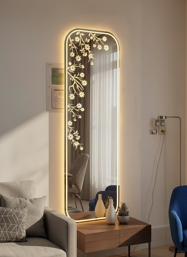 ⁦مرايا ديكور انيقه مموجه ليد خلفي جريش، 185×85×4 سم - شفاف⁩ - الصورة ⁦3⁩