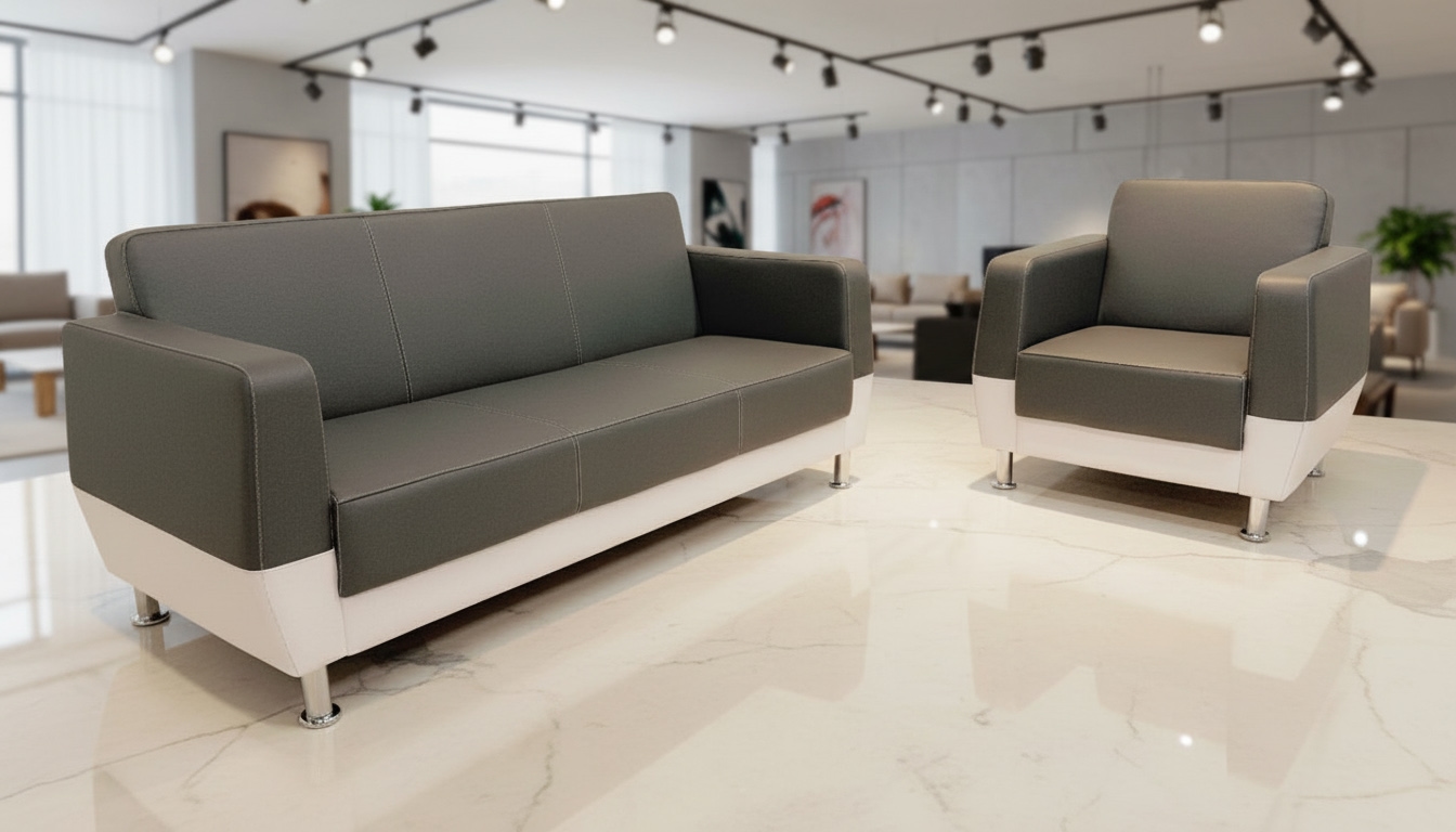 Beech Wood And Venetian Leather Living Room Set, 2 Pieces - Grey And White - Image 2