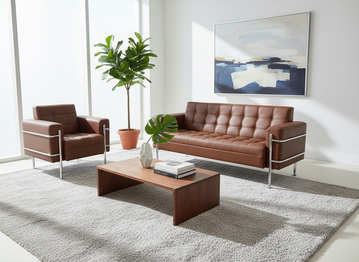 Beech Wood And Venetian Leather Living Room Set, 2 Pieces - Dark Brown - Image 4
