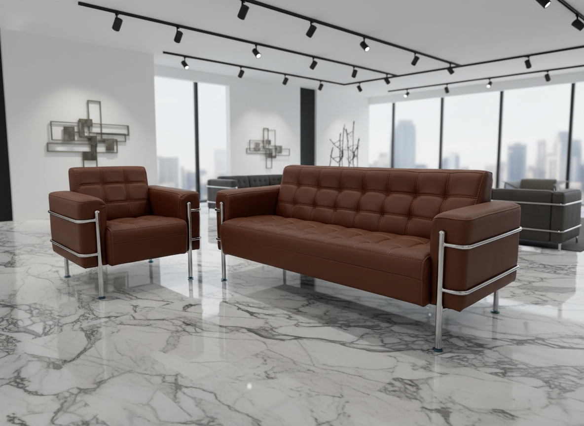Beech Wood And Venetian Leather Living Room Set, 2 Pieces - Dark Brown - Image 3