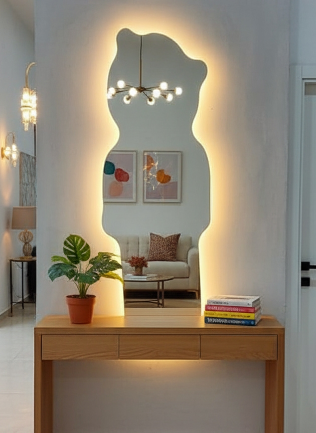 مرايا ديكور انيقه مموجه ليد خلفي جريش، 180×65×4 سم - شفاف