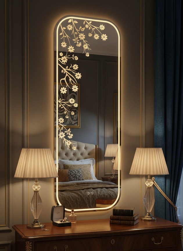 مرايا ديكور انيقه مموجه ليد خلفي جريش، 185×85×4 سم - شفاف