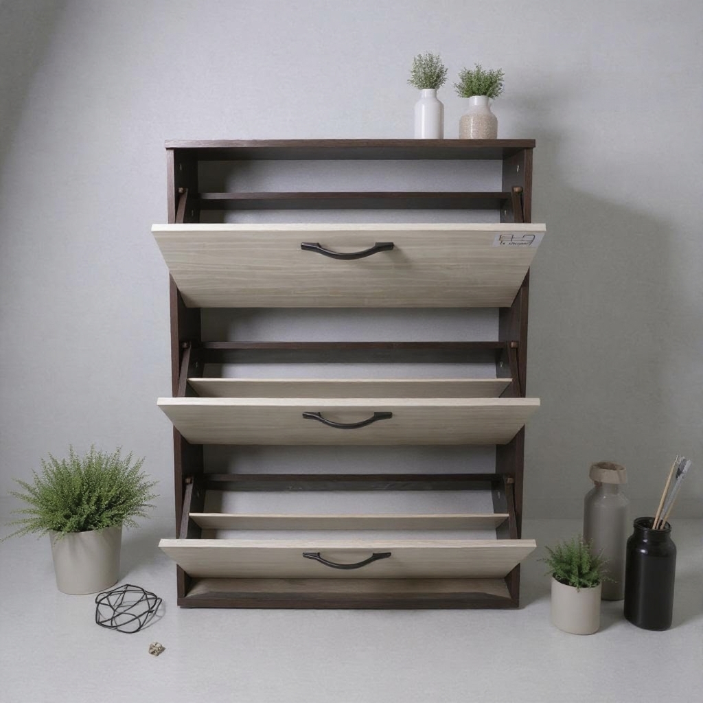 European Wood Medium Shoe Rack, 3 Doors, 80 X 30 X 113 Cm - Brown White - Image 3