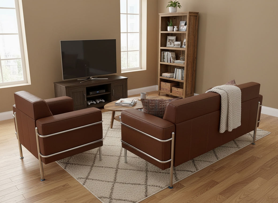 Beech Wood And Venetian Leather Living Room Set, 2 Pieces - Dark Brown - Image 5