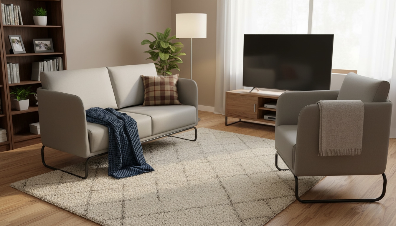 Beech Wood And Venetian Leather Living Room Set, 2 Pieces - Grey