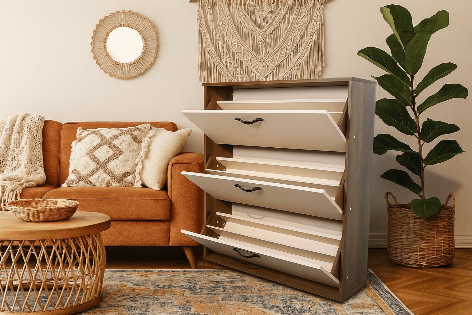 European Wood Medium Shoe Rack, 3 Doors, 80×30×113 Cm - White Wood - Image 2