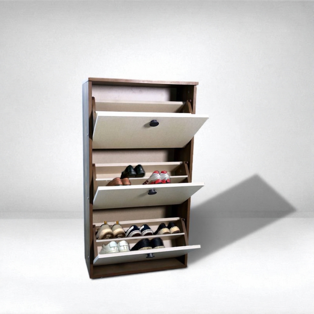 European Wood Small Shoe Rack, 3 Doors, 60×30×113 Cm - Brown White - Image 2