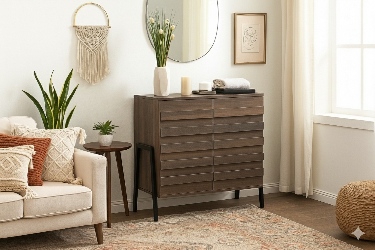 European Wood Shoe Rack, 2 Steel Doors, 80×35×100 Cm - Brown