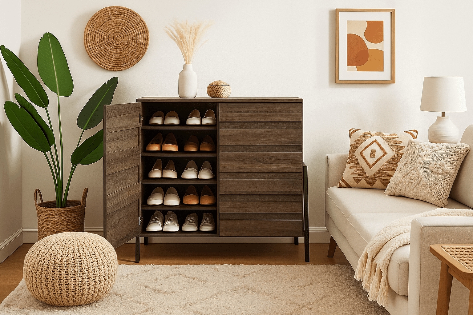 European Wood Shoe Rack, 2 Steel Doors, 80×35×100 Cm - Brown - Image 2