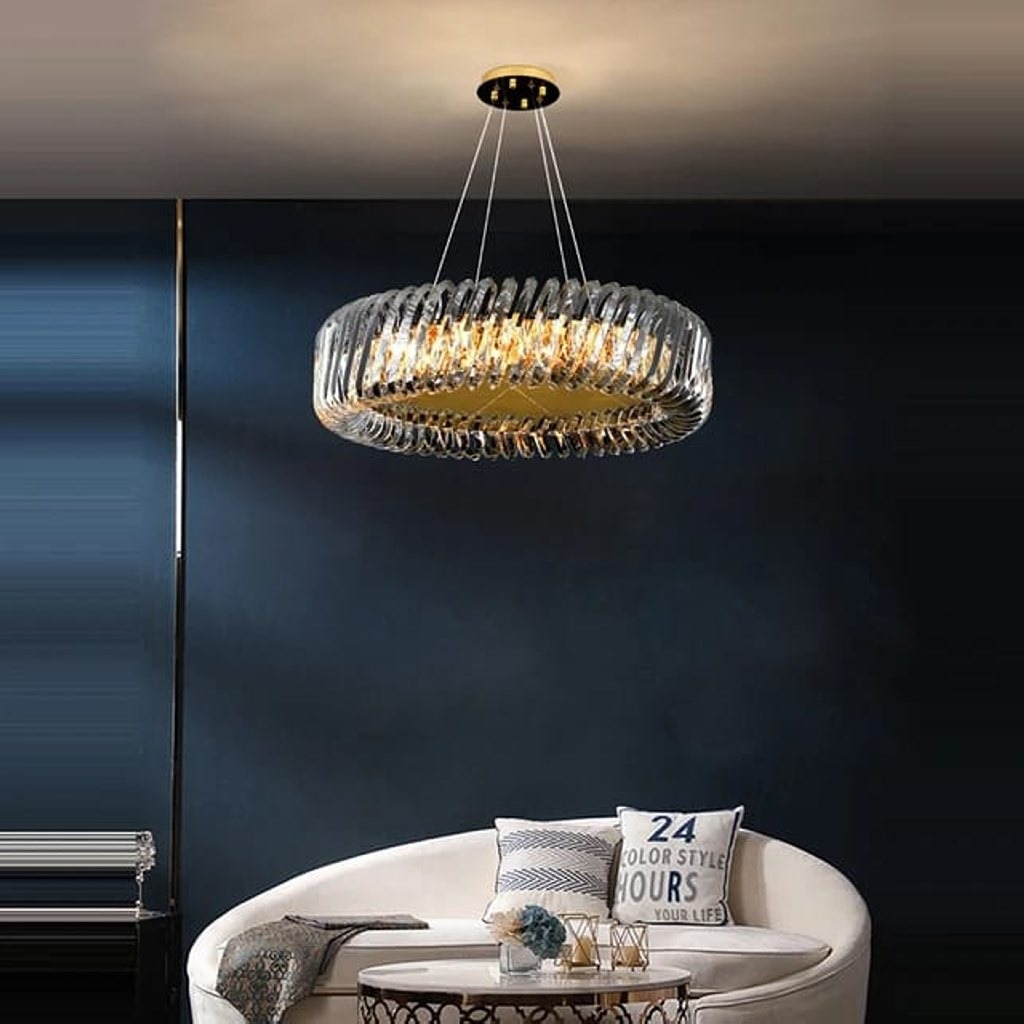 ⁦نجفة ستانلس و كريستال واليكتروستتيك ذهبي - 85×60×60 سم⁩ - الصورة ⁦2⁩