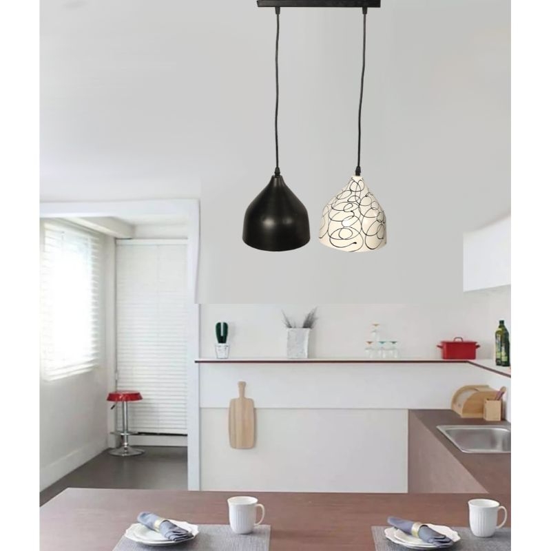 Metal Pendant Light, 2 Bulb, 80×24 Cm - Black White