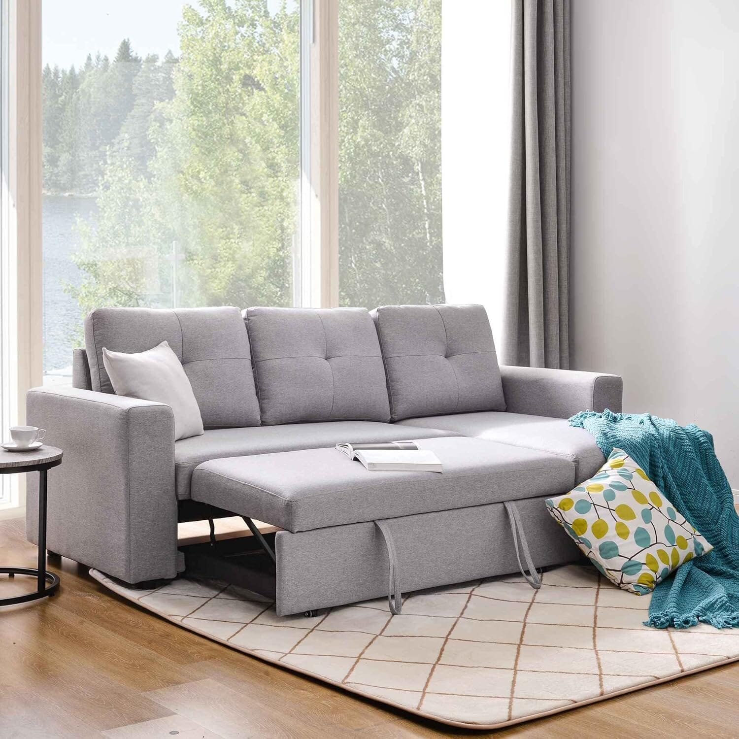Beech Wood Modern L-Shape Sofa, Hammer Velvet Fabric, 70×140×280×85 Cm - Light Grey - Image 4