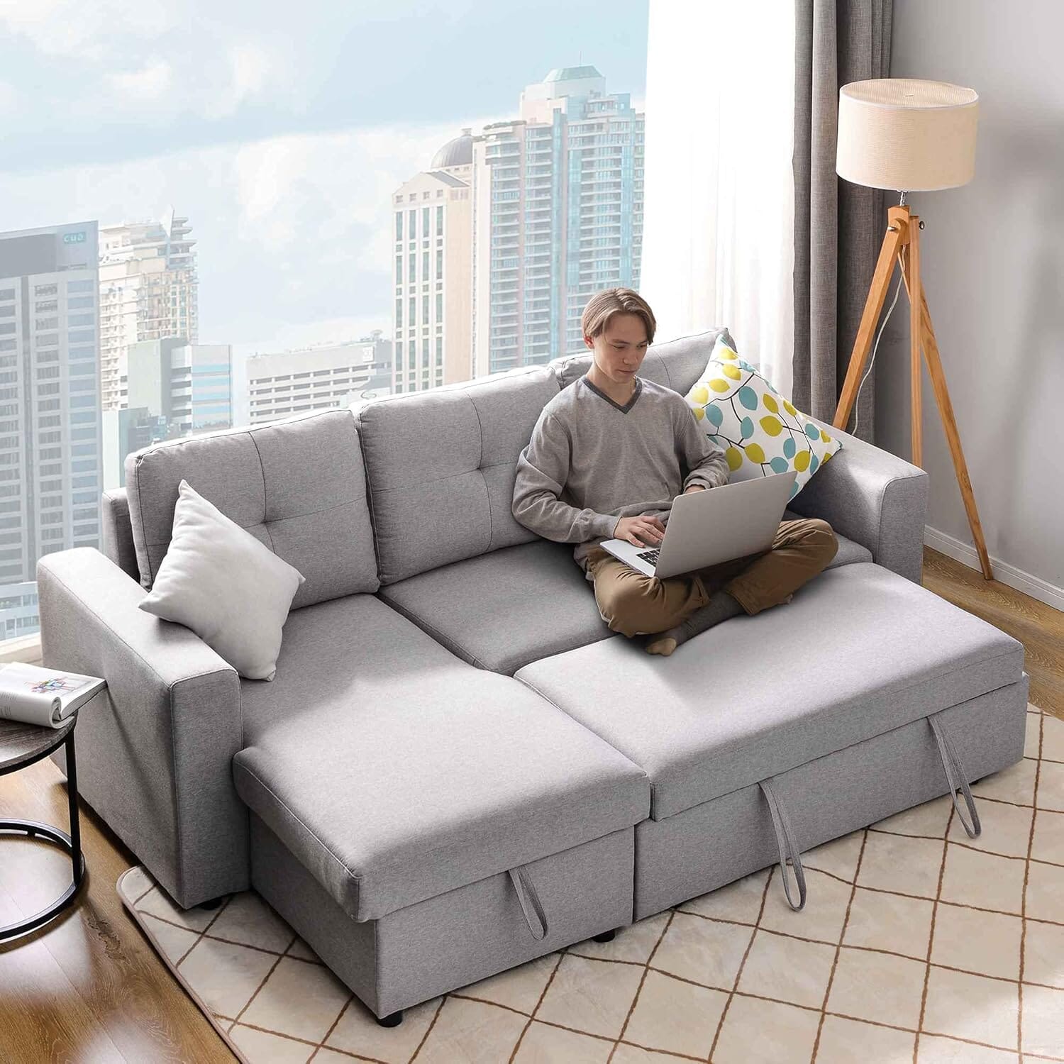 Beech Wood Modern L-Shape Sofa, Hammer Velvet Fabric, 70×140×280×85 Cm - Light Grey - Image 6