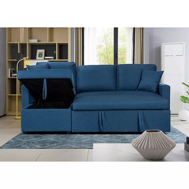 Beech Wood Modern L-Shape Sofa, Hammer Velvet Fabric, 70×140×280×85 Cm - Blue - Image 3