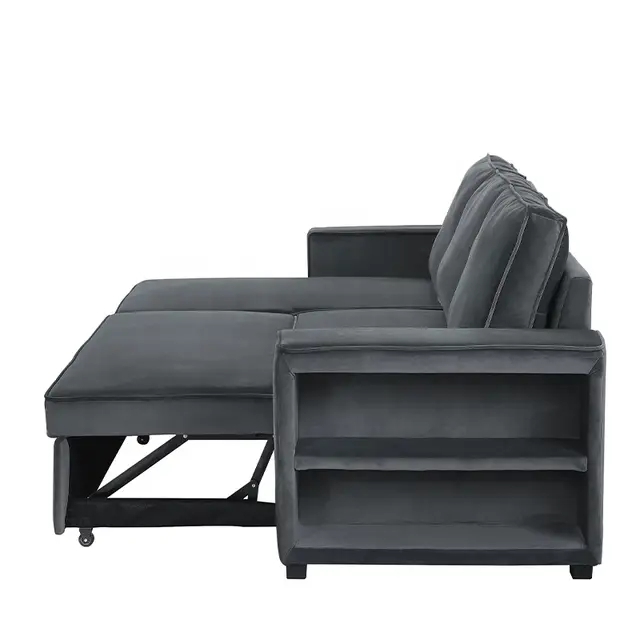 Beech Wood Modern L-Shape Sofa, Hammer Velvet Fabric, 70×140×280×85 Cm - Grey - Image 2