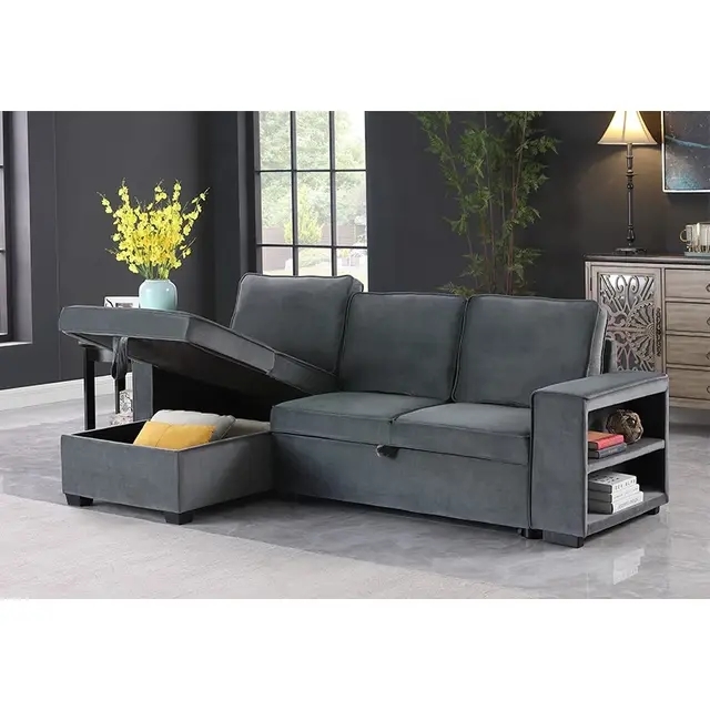 Beech Wood Modern L-Shape Sofa, Hammer Velvet Fabric, 70×140×280×85 Cm - Grey - Image 3