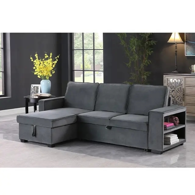 Beech Wood Modern L-Shape Sofa, Hammer Velvet Fabric, 70×140×280×85 Cm - Grey - Image 4