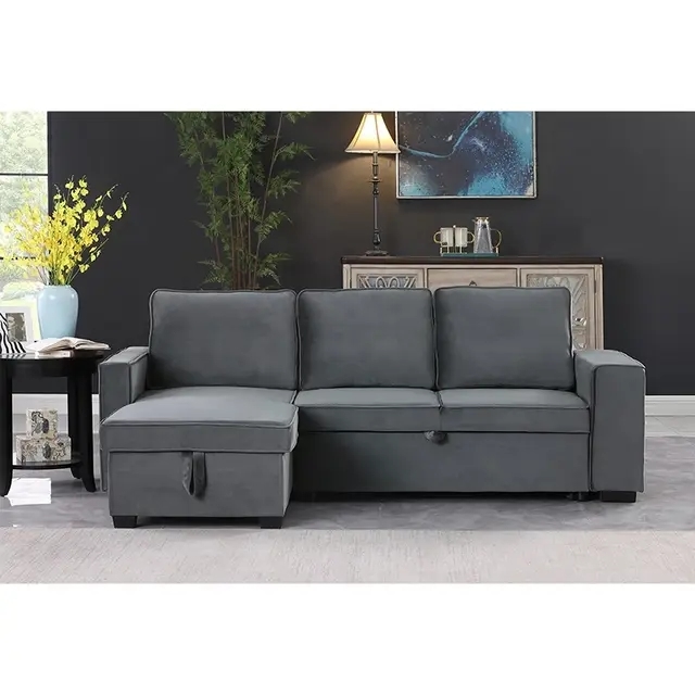 Beech Wood Modern L-Shape Sofa, Hammer Velvet Fabric, 70×140×280×85 Cm - Grey