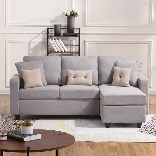 Beech Wood L-Shaped Sofa, Hammer Velvet Fabric, 70×140×280×85 Cm - Light Grey