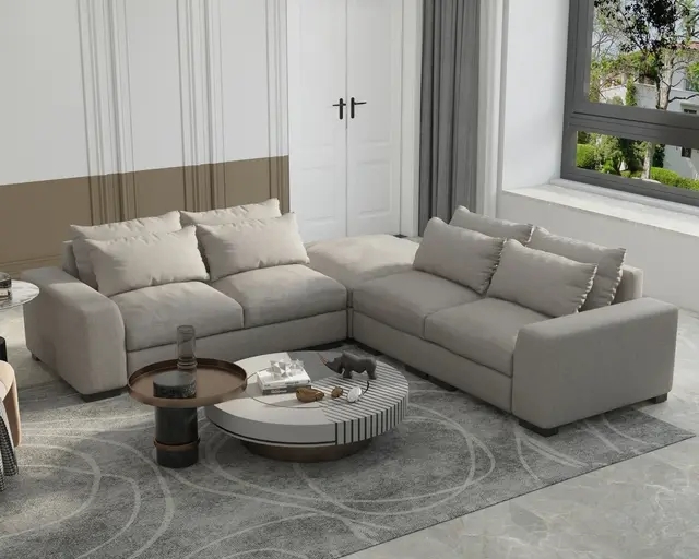 ⁦كنبة ركنة خشب زان، قماش هامر قطيفة، 70×170×300×60 سم - بيج⁩ - الصورة ⁦2⁩