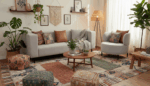 Beech Wood And Venetian Leather Living Room Set, 2 Pieces - Beige