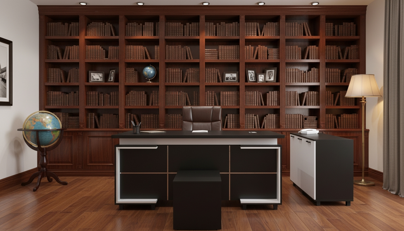 Modern Manager'S Desk, Natural Wood, 180X180X90 Cm - Black And White