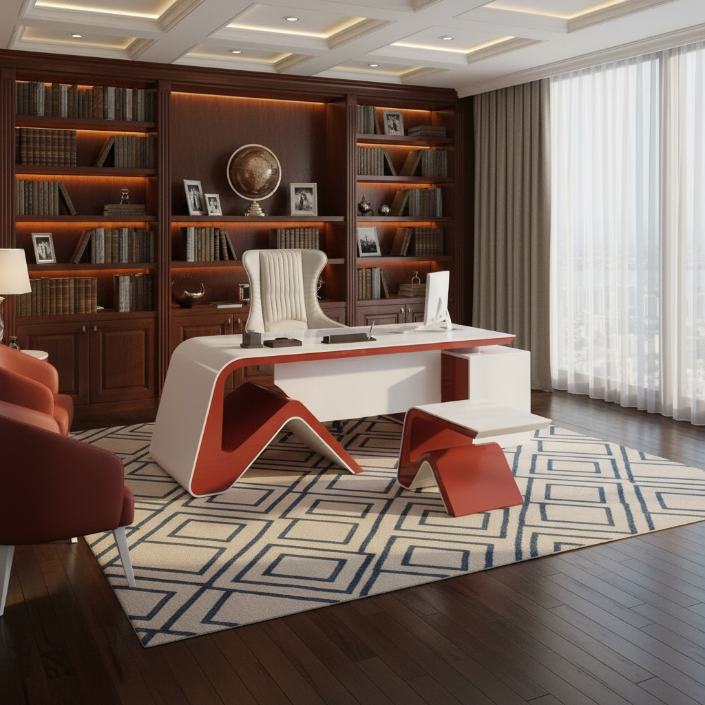 ⁦مكتب مدير مودرن خشب ام دي اف، 220×220×70 سم - ابيض احمر⁩ - الصورة ⁦3⁩
