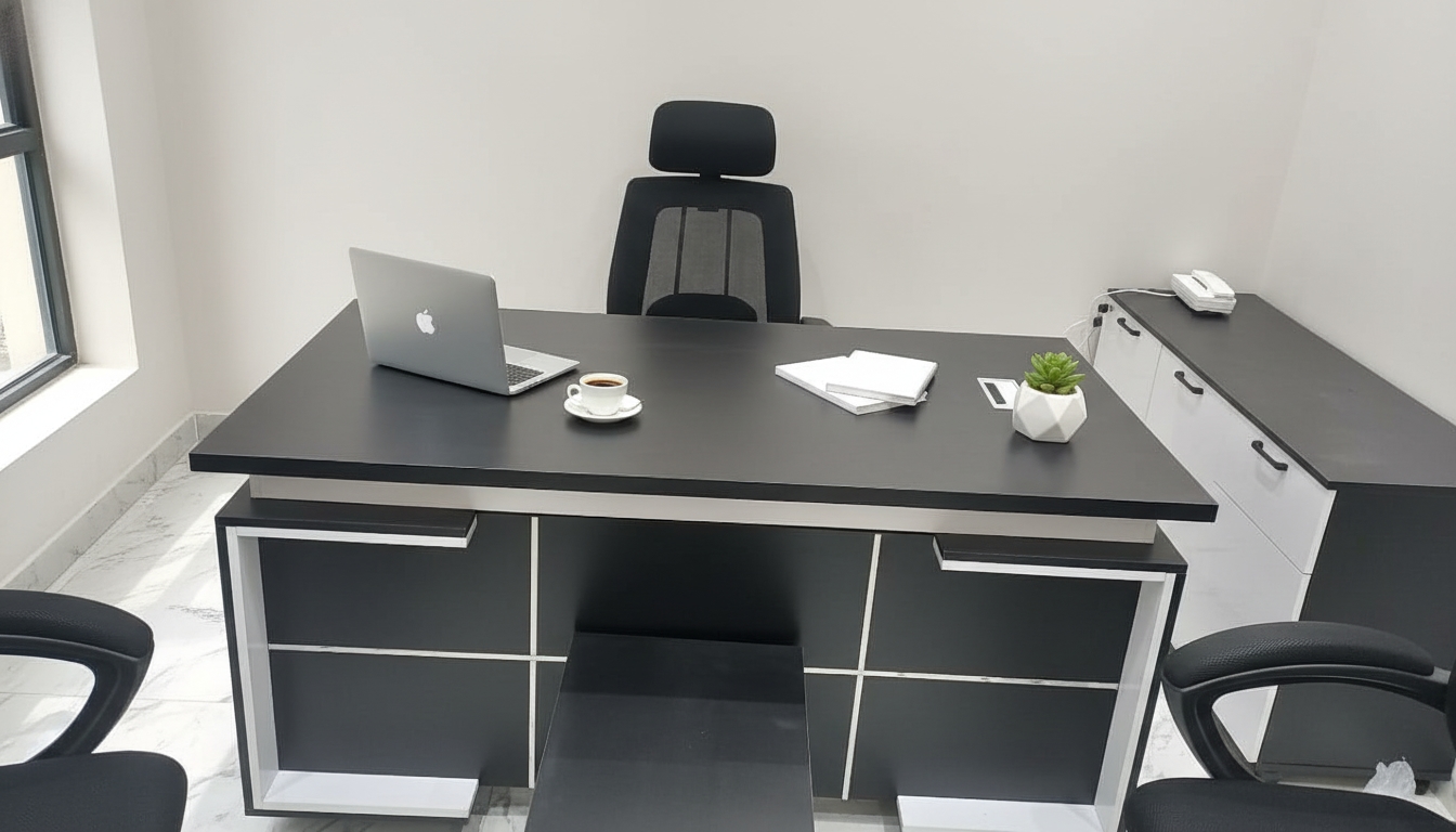 Modern Manager'S Desk, Natural Wood, 180X180X90 Cm - Black And White - Image 3