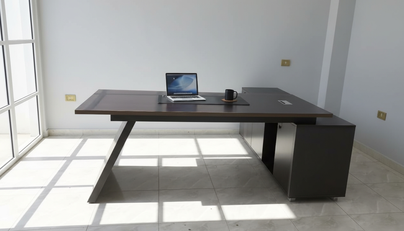 ⁦مكتب مدير مودرن خشب ام دي اف، 220×220×70 سم - بني داكن رمادى⁩ - الصورة ⁦2⁩
