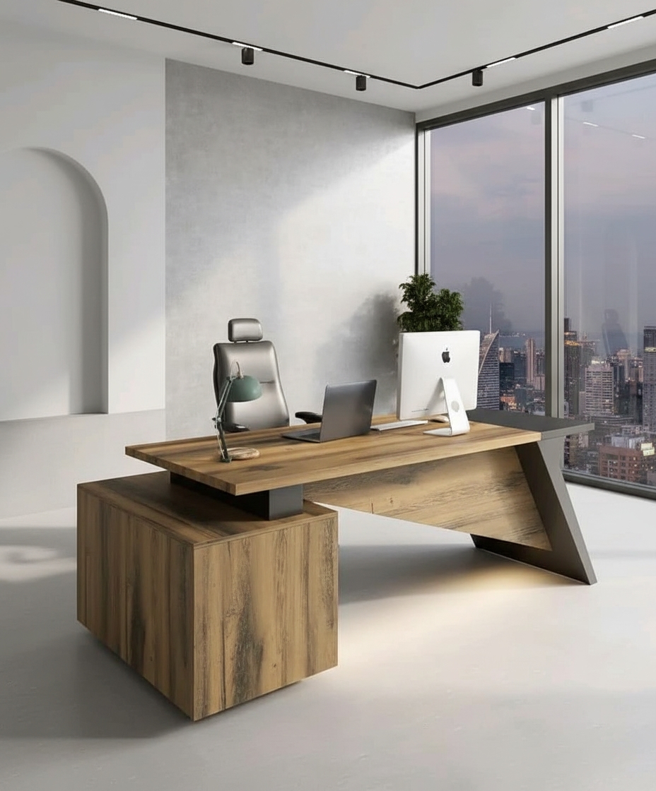 Modern MDF Wood Manager'S Desk, 220X220X70 Cm - Grey - Image 4