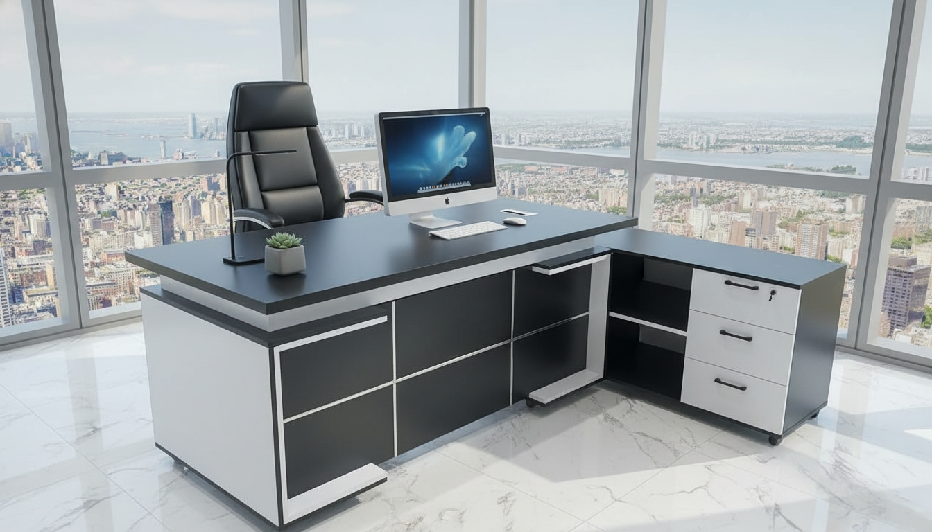 Modern Manager'S Desk, Natural Wood, 180X180X90 Cm - Black And White - Image 4