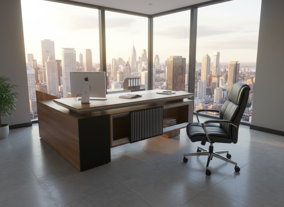 Modern MDF Manager'S Desk, 220X220X70 Cm - White Wood - Image 3