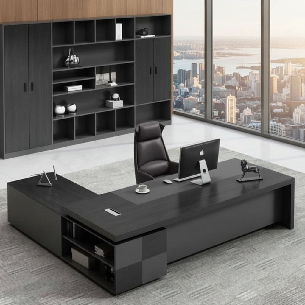 ⁦مكتب مدير مودرن خشب ام دي اف، 220×220×70 سم - ابيض اسود⁩ - الصورة ⁦4⁩
