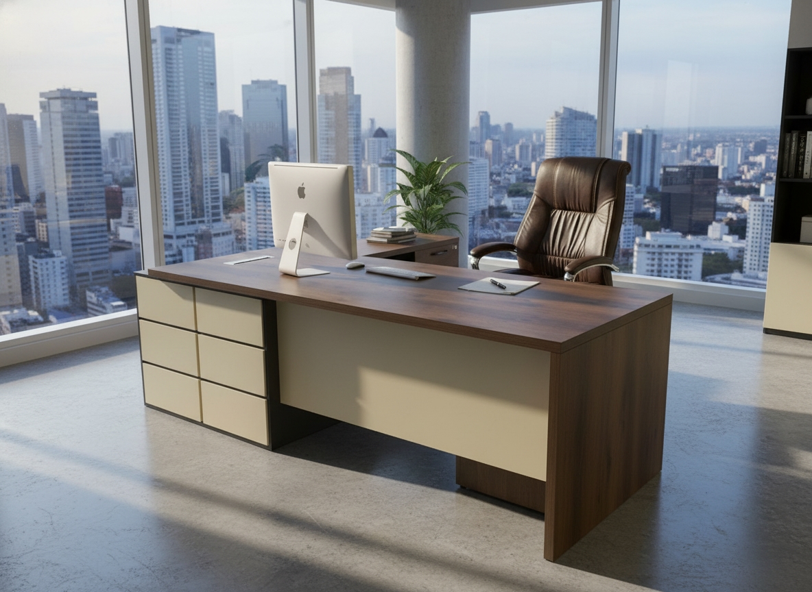 ⁦مكتب مدير مودرن خشب ام دي اف، 220×220×70 سم - بني داكن كريمى⁩ - الصورة ⁦2⁩