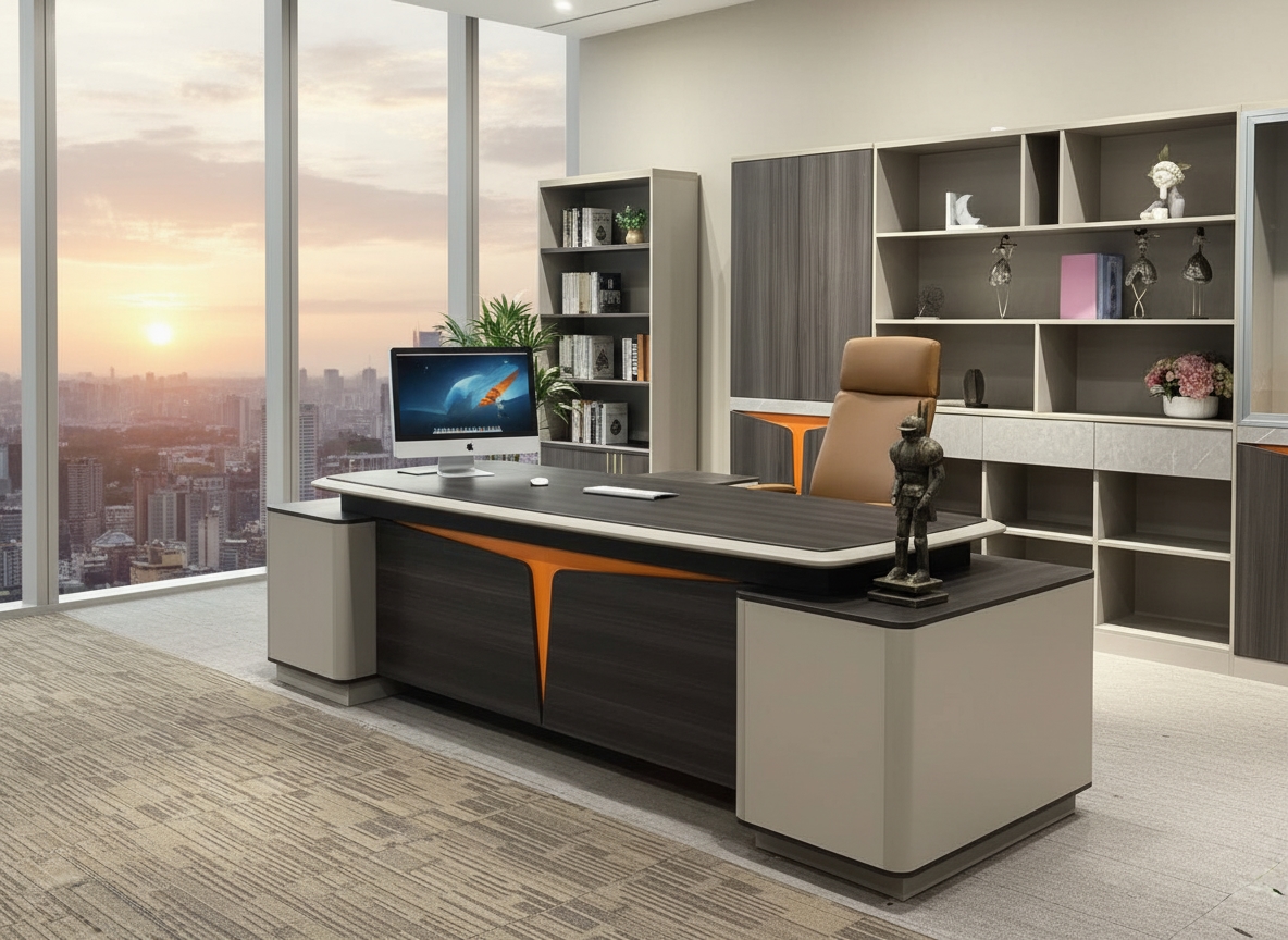 Modern MDF Wood Manager'S Desk, 220X220X70 Cm - Dark Brown Yellow - Image 4