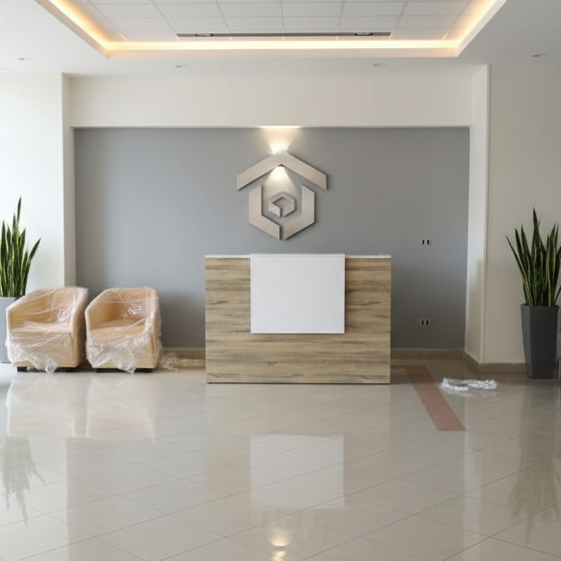 ⁦كاونتر استقبال ام دى اف، 160×110×60 سم - خشبى ابيض⁩ - الصورة ⁦5⁩