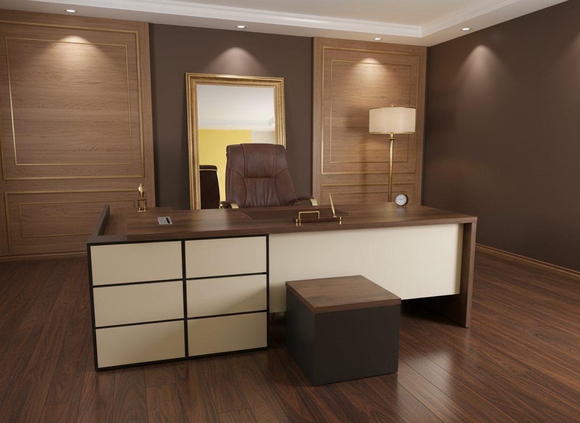 ⁦مكتب مدير مودرن خشب ام دي اف، 220×220×70 سم - بني داكن كريمى⁩ - الصورة ⁦4⁩