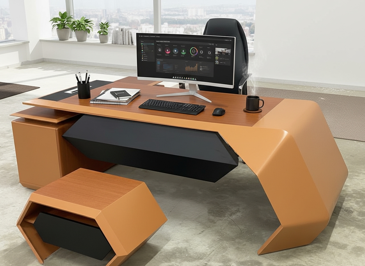 Modern Manager'S Desk, Natural Wood, 220X220X70 Cm - Havana Black - Image 2